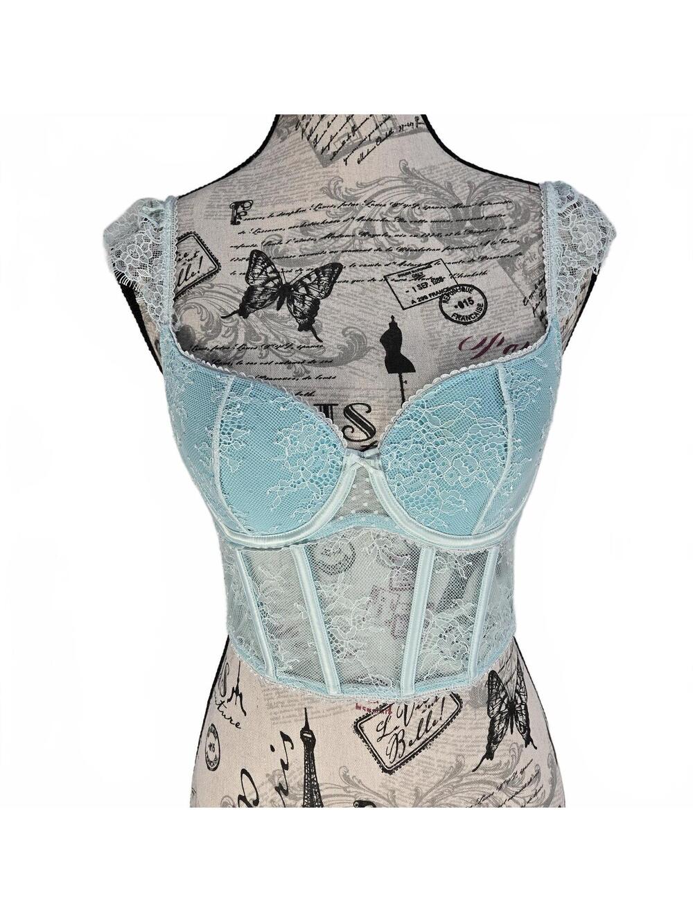 Victoria's Secret Lace Bustier Top Aqua Blue Floral Corset Boho Cottagecore S